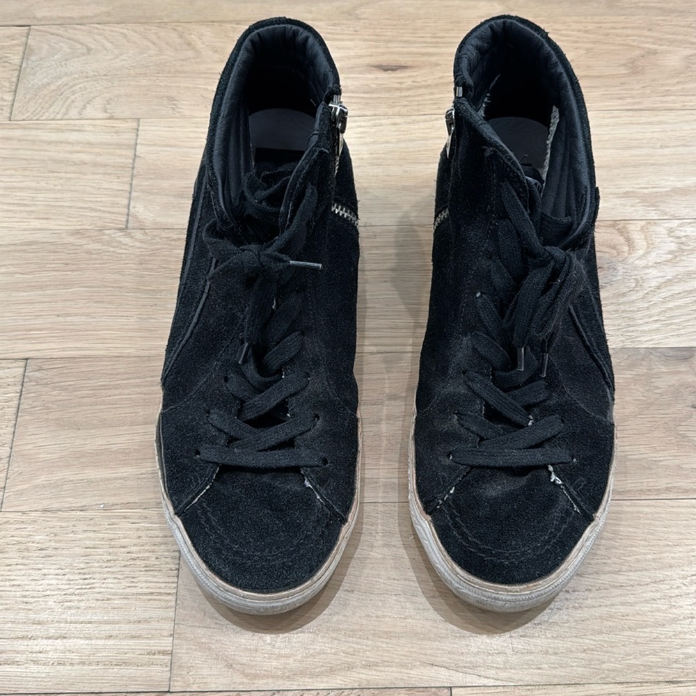Black suede golden goose high top sneakerss. Wear and tear